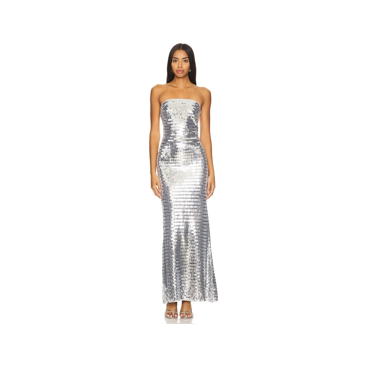 SIMONMILLER Sculpty Strapless Sequin Dress in Metallic Silver. - 10 also