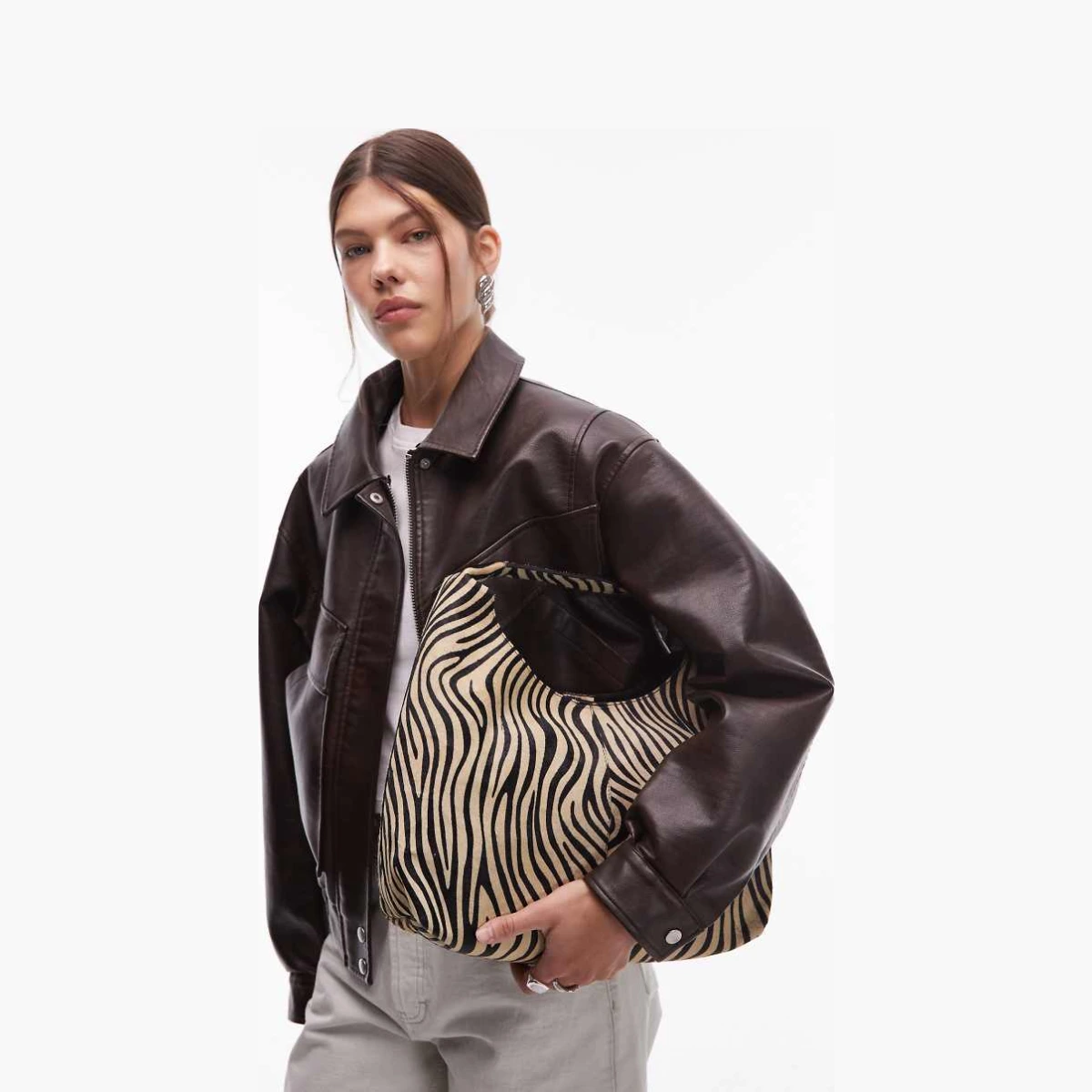 & small leather tote bag in cow hair zebra print-Multi