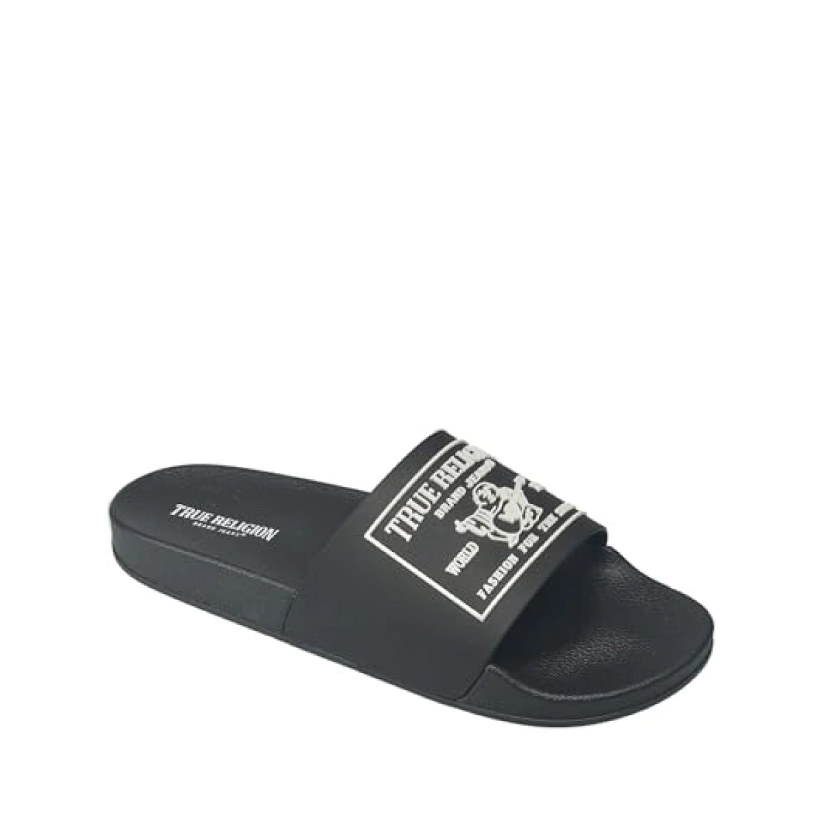 True Religion Men’s Graphic Slide Sandals – Bold Block Logo, Casual Comfort - Black