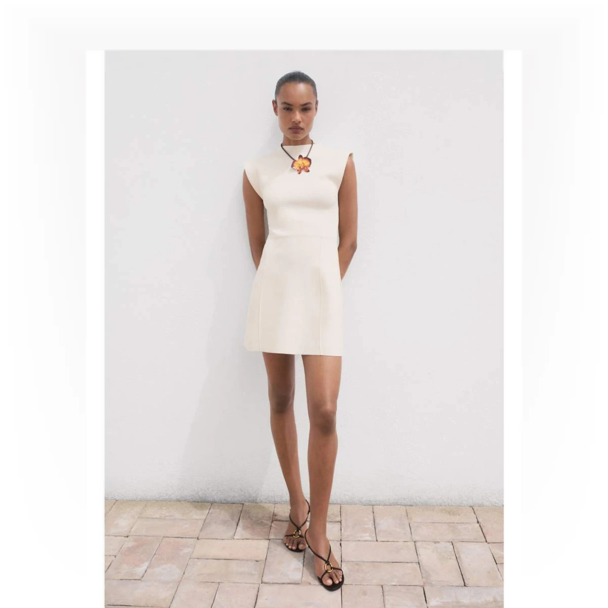 High neck cap sleeve compact knit ini dress in winter white