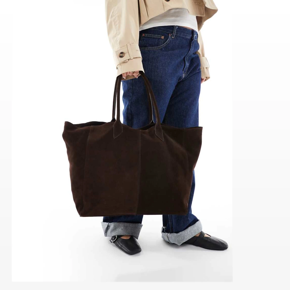 Premium suede bonded tote bag in chocolate-Brown