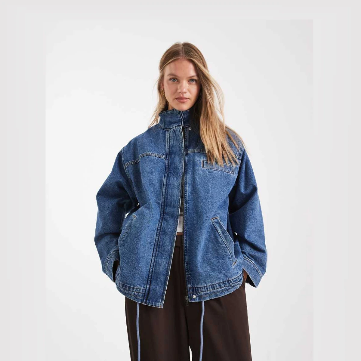 Denim funnel neck jacket-Blue