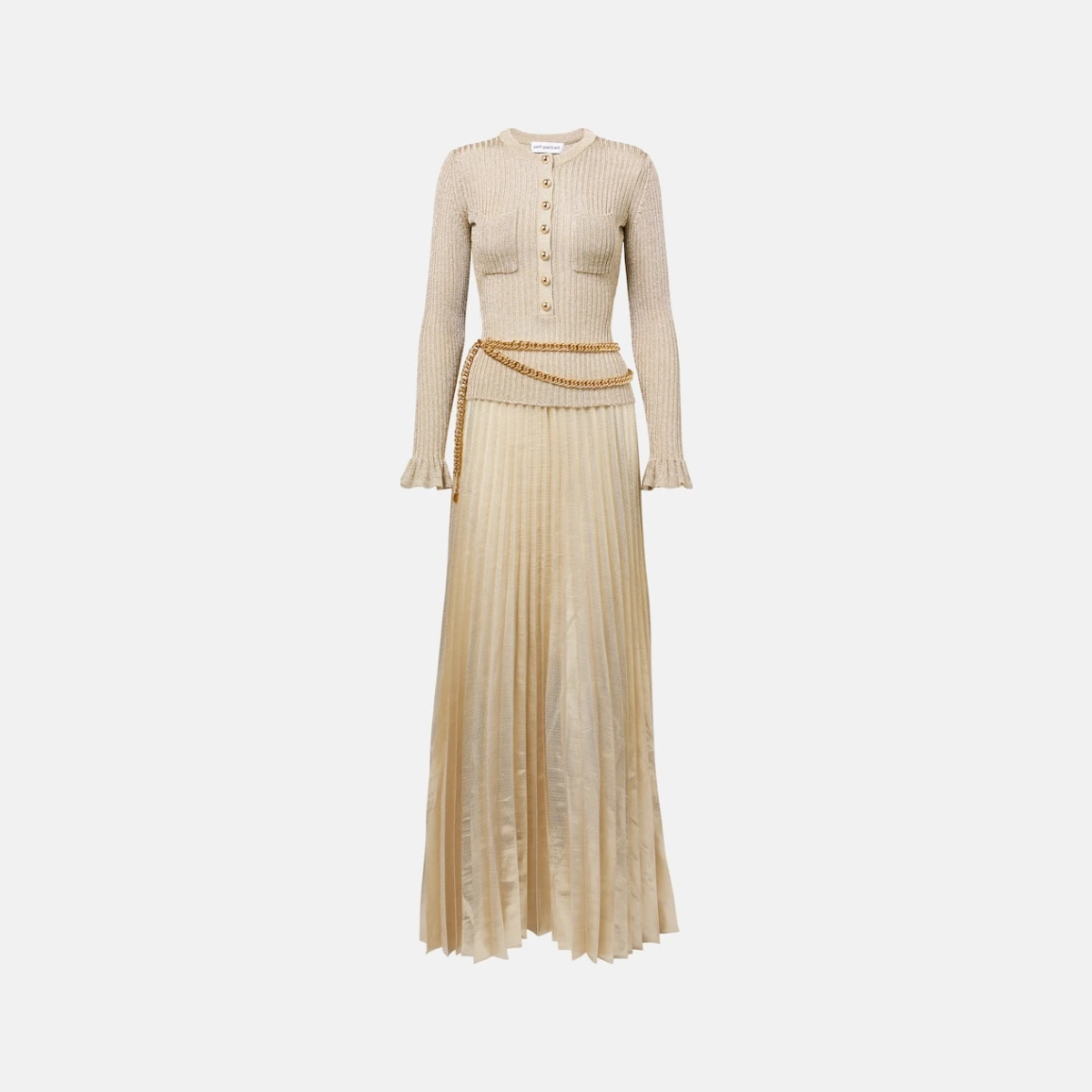 Ribbed-knit lamé plissé maxi dress