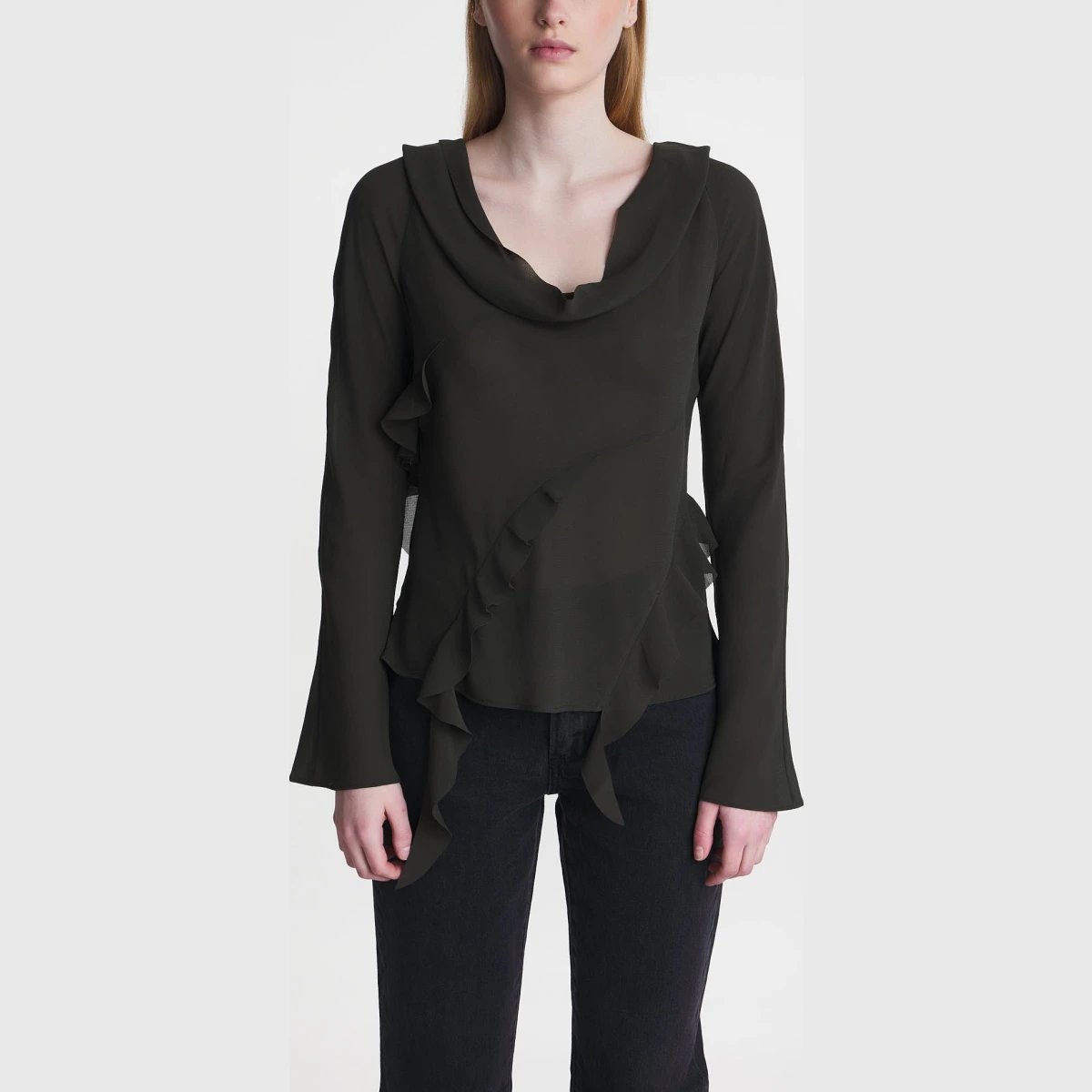 Acne Studios Blouse Ruffle Drape Top Antracite grå