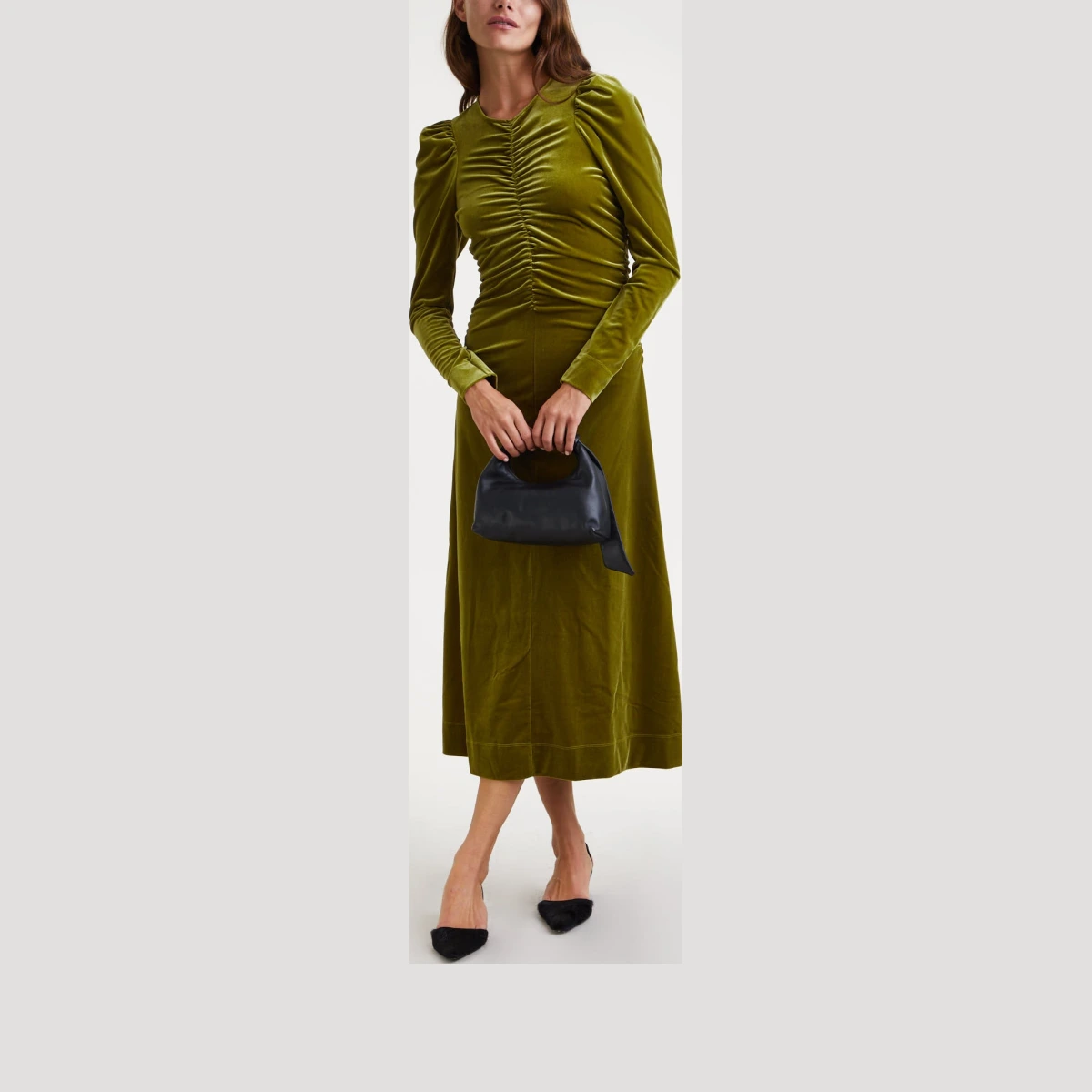 Ganni Dress Velvet Jersey Gathered Green