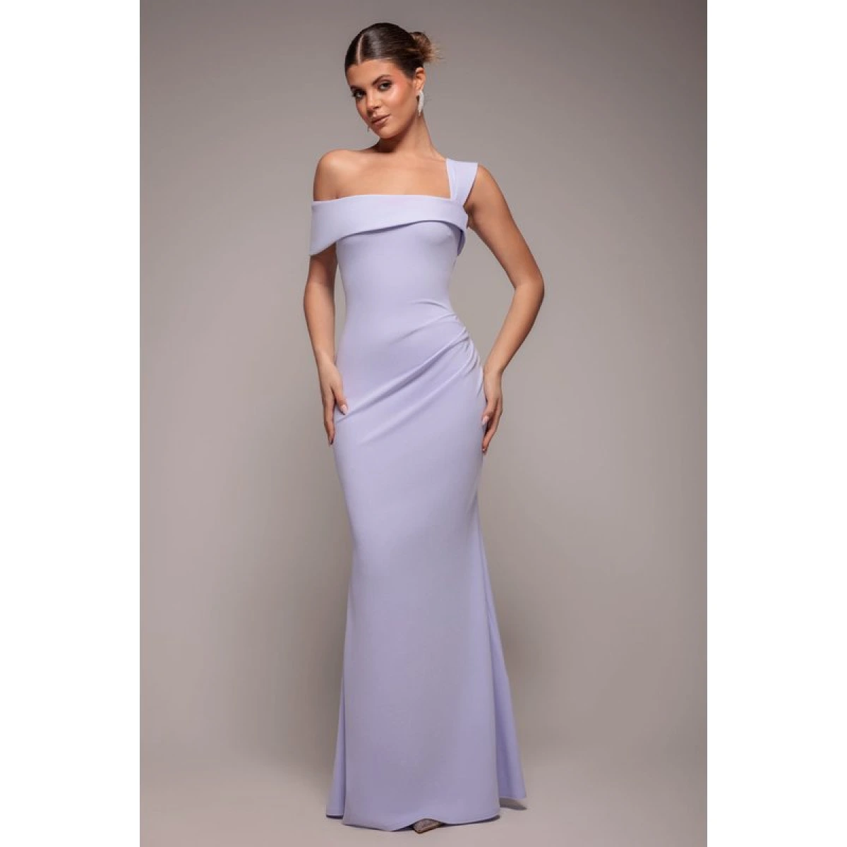 Goddiva Off The Shoulder Pleated Waist Maxi Dress - Lilac