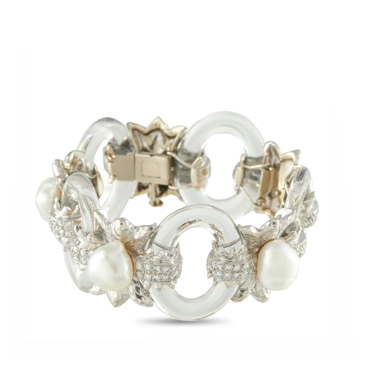 18K White Gold and Platinum Rock Crystal and Pearl Bracelet DW26-111925