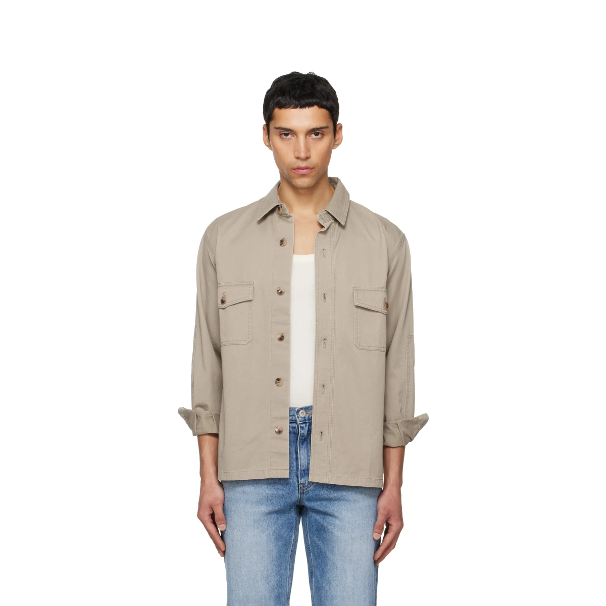Beige Washed Cotton Twill Overshirt
