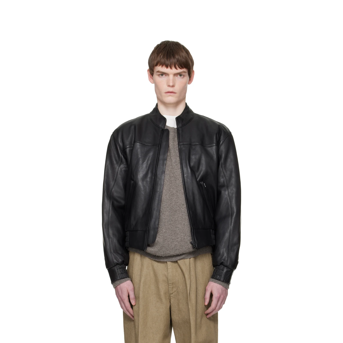 Black Leather Polo Biker Jacket