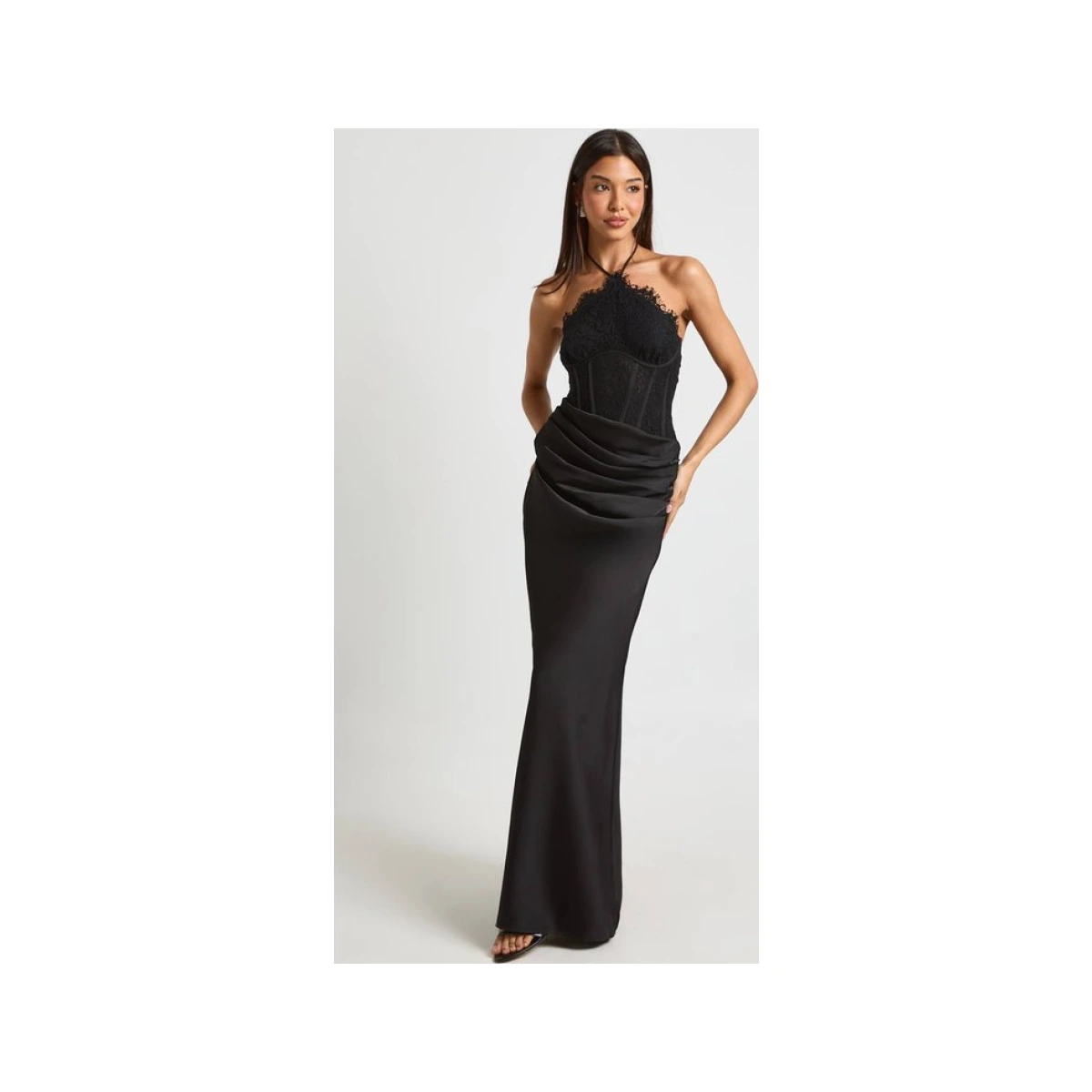 Boohoo Women's Halter Lace Corset Drape Skirt Maxi Dress in Black