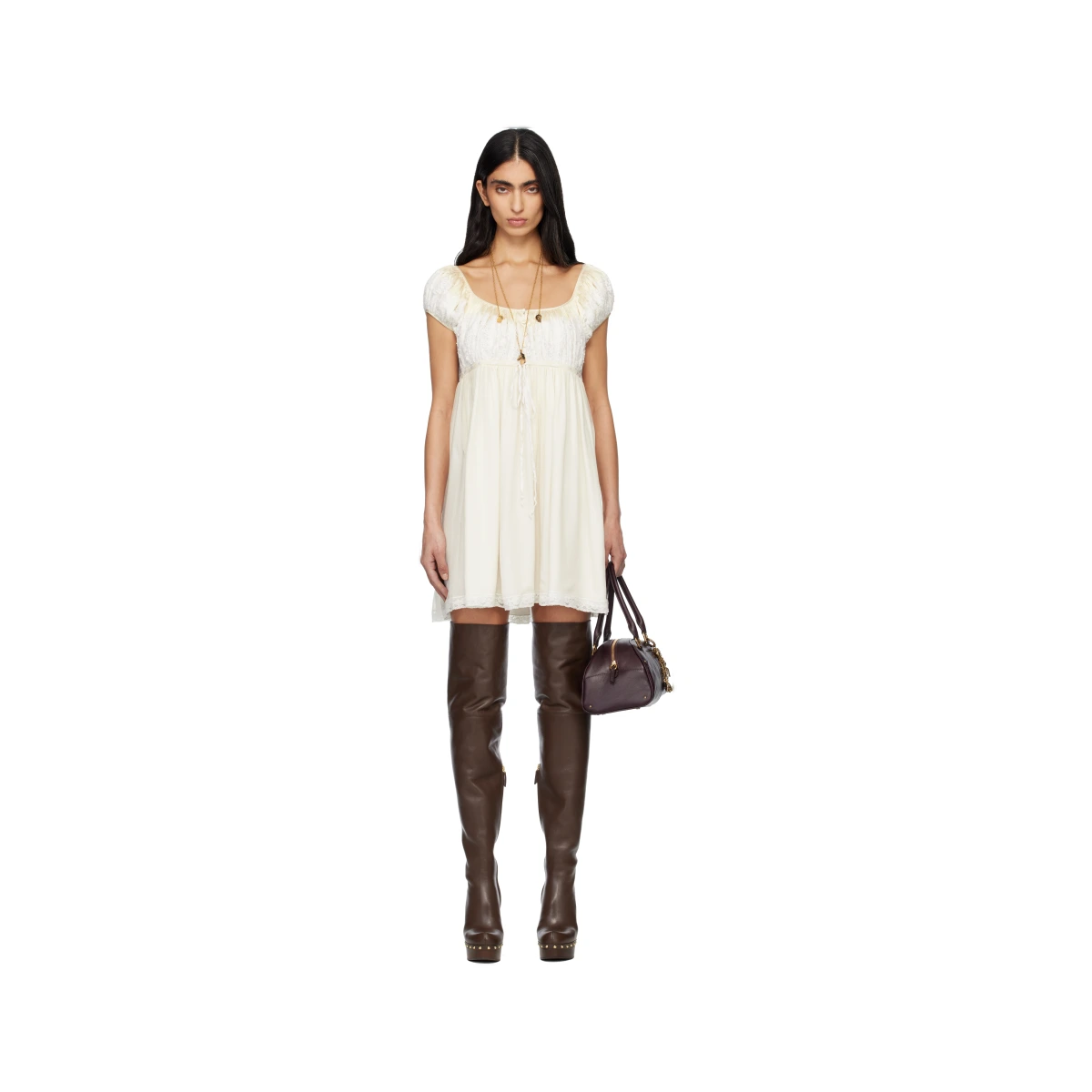 Off-White Short Sleeve Silk Mousseline & Lace Minidress