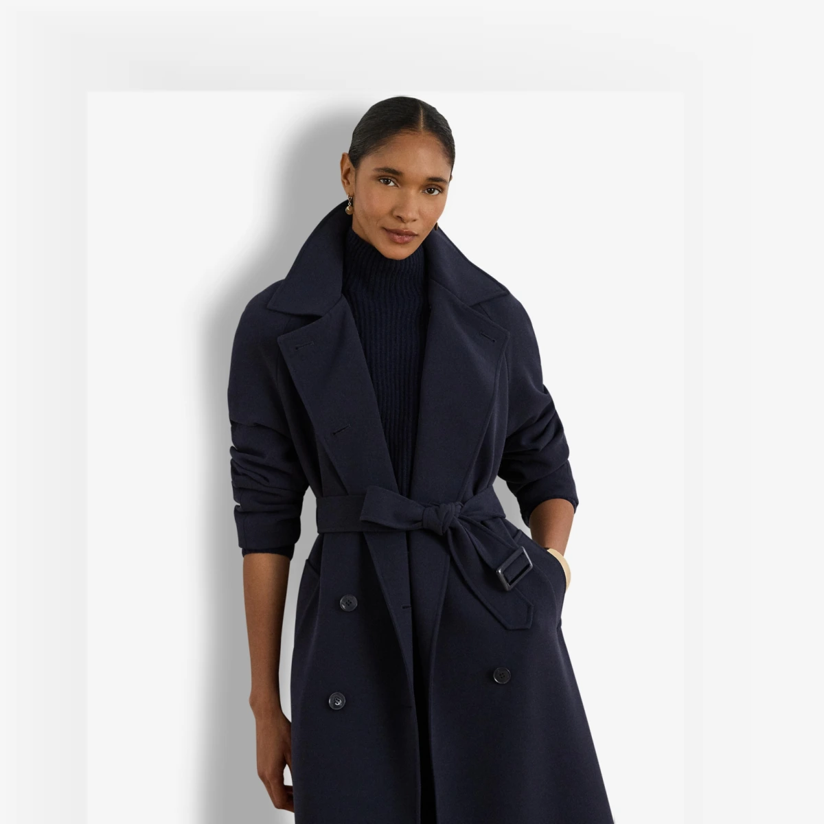 Women's Double Breasted Belted Crepe Trench Coat - Dark Navy