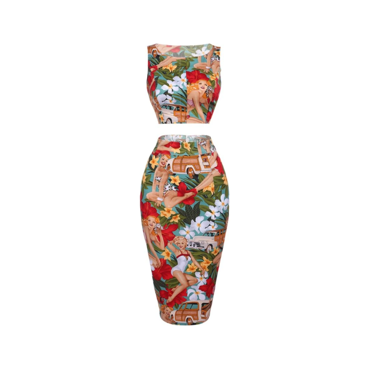 Vintage Pin-up Retro Ladys Print Crop Top & Pencil Skirt Set