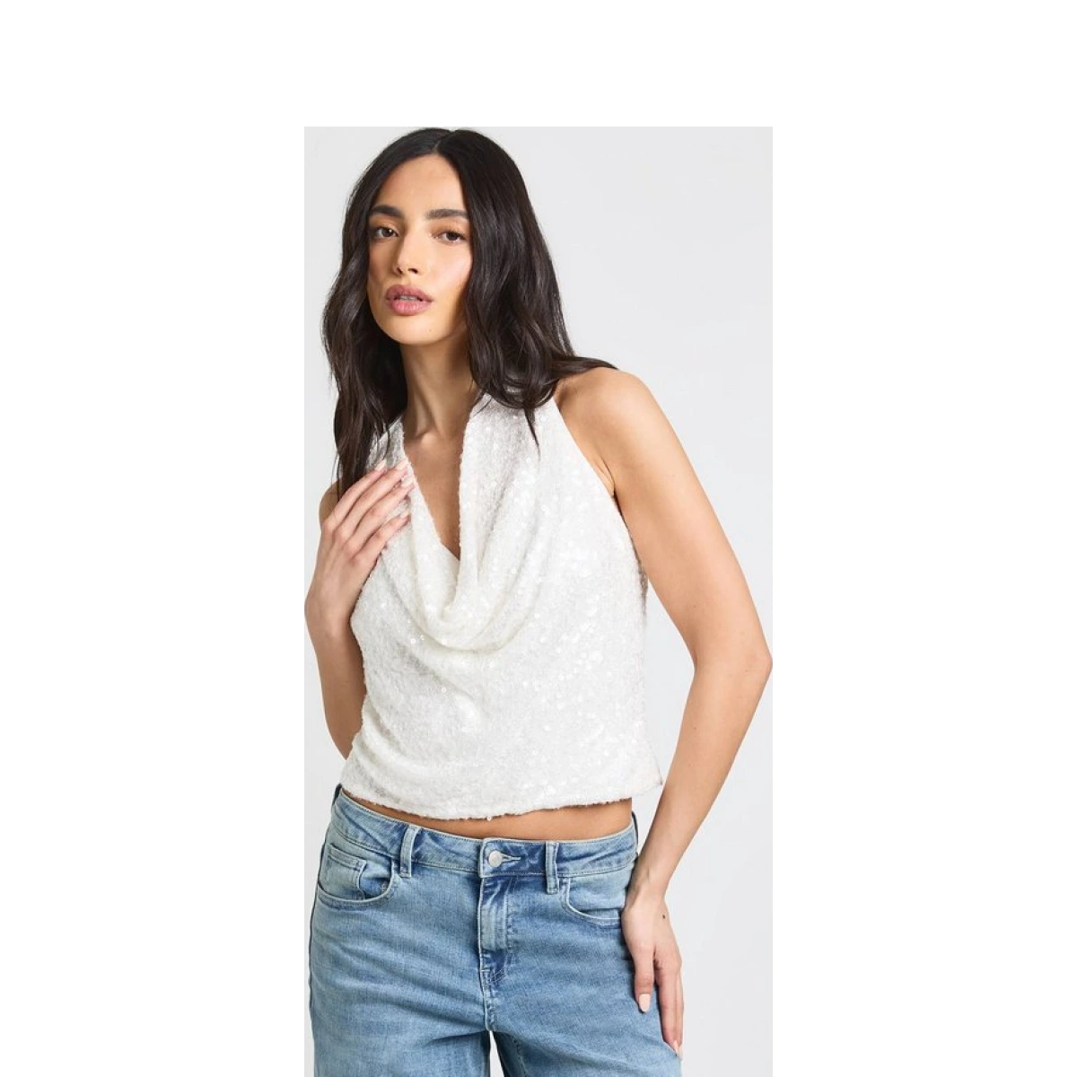 Boohoo Women's Sequin Cowl Neck Top in White