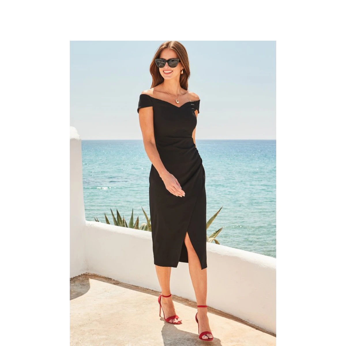 Sosandar Womens Black Bardot Figure Flattering Midi Dre