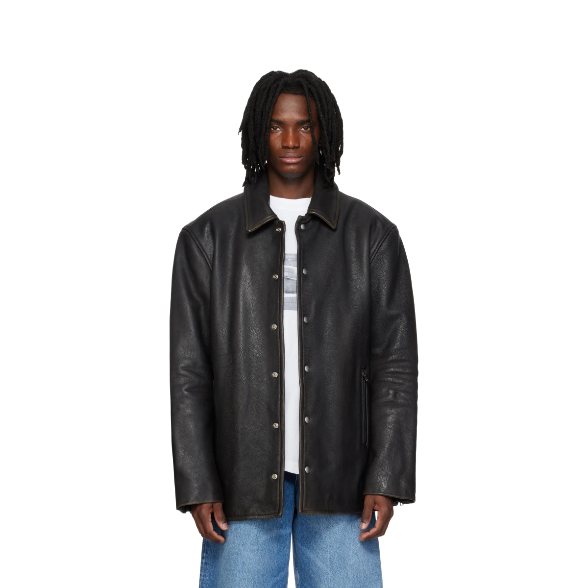 Black Snap Front Leather Jacket