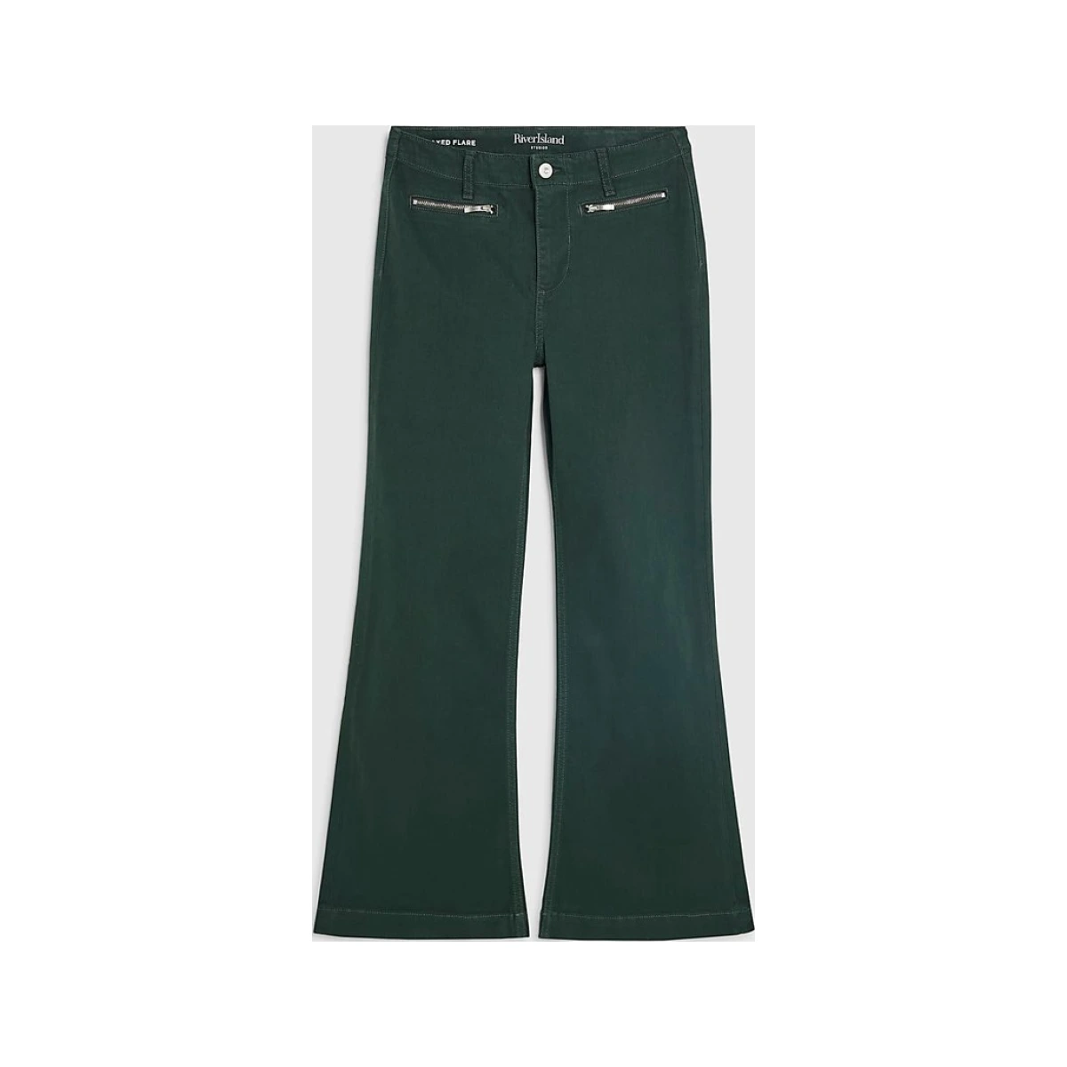 River Island Womens Flared Jeans Petite Green Zip Front Relaxed Flare - Dark Green Cotton - 6 Extra Short UK Women