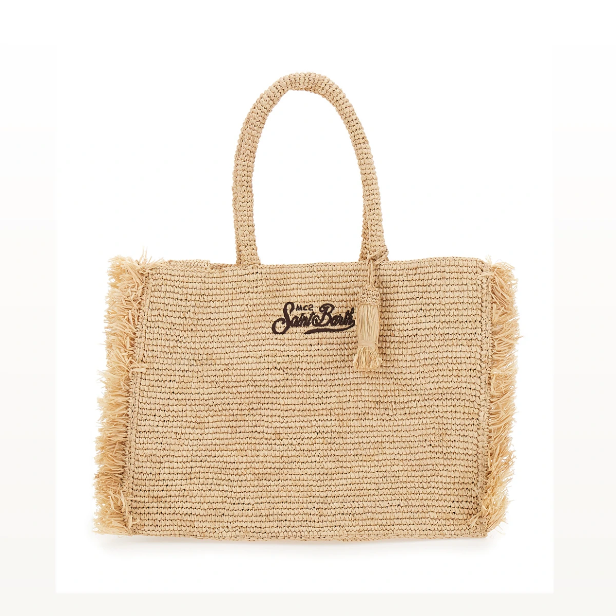 Vanity Beige Handbag With Fringed Edges And Logo On The Front Raffia Woman Hand Bags - Women
