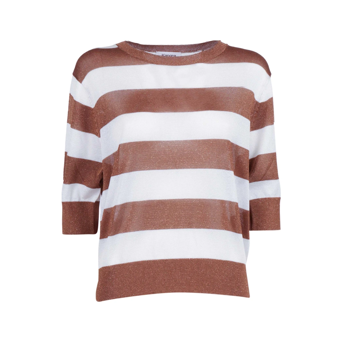 Striped Lurex Crew Neck, Short Sleeves Brown Viscose Metallic Fibre Crewneck - Women