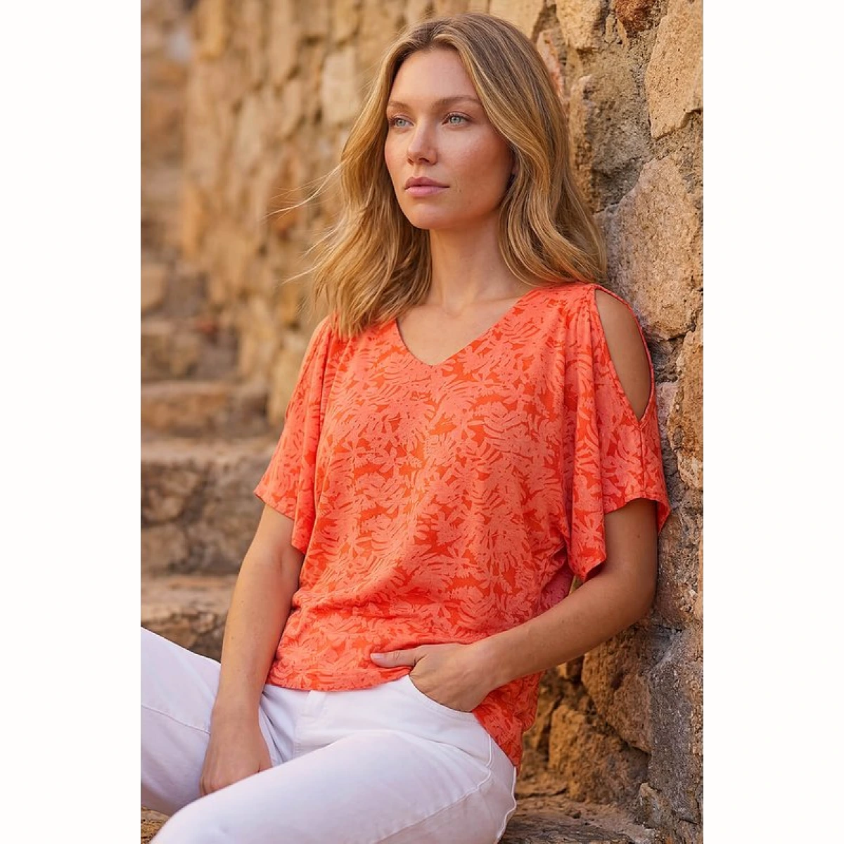 Roman Womens Burnout Print Jersey Stretch Top - Orange