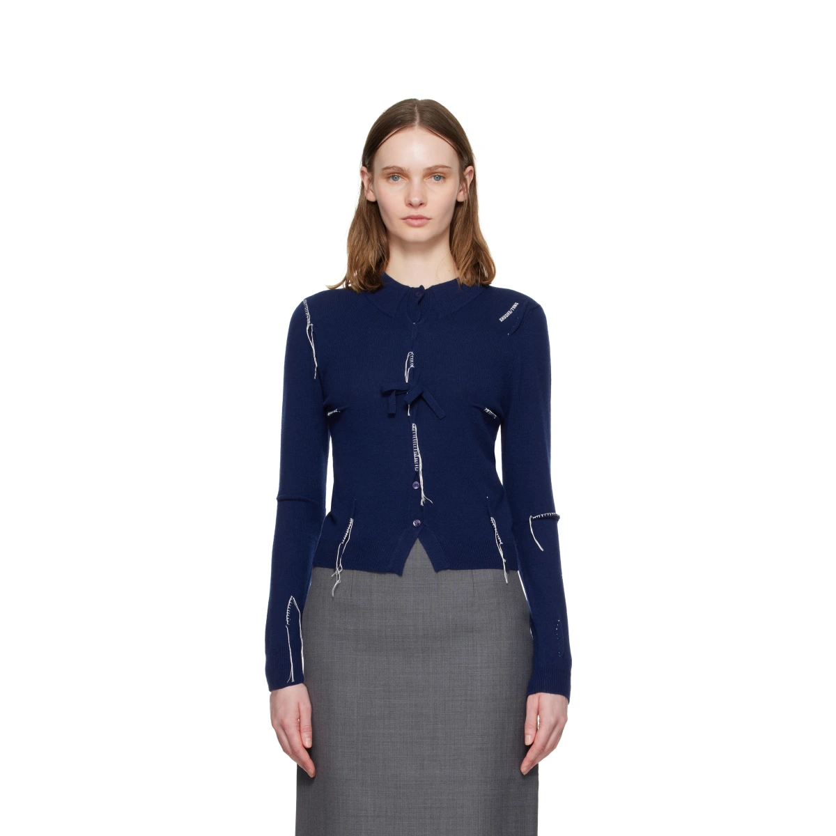 Navy Pin-Tuck & Threadwork Knit Sweater