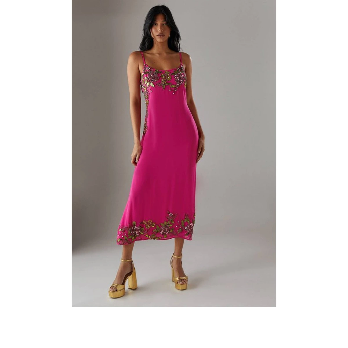 Warehouse Women's Hand Embellished Strappy Bias Sequin Midi Dress in Hot Pink
