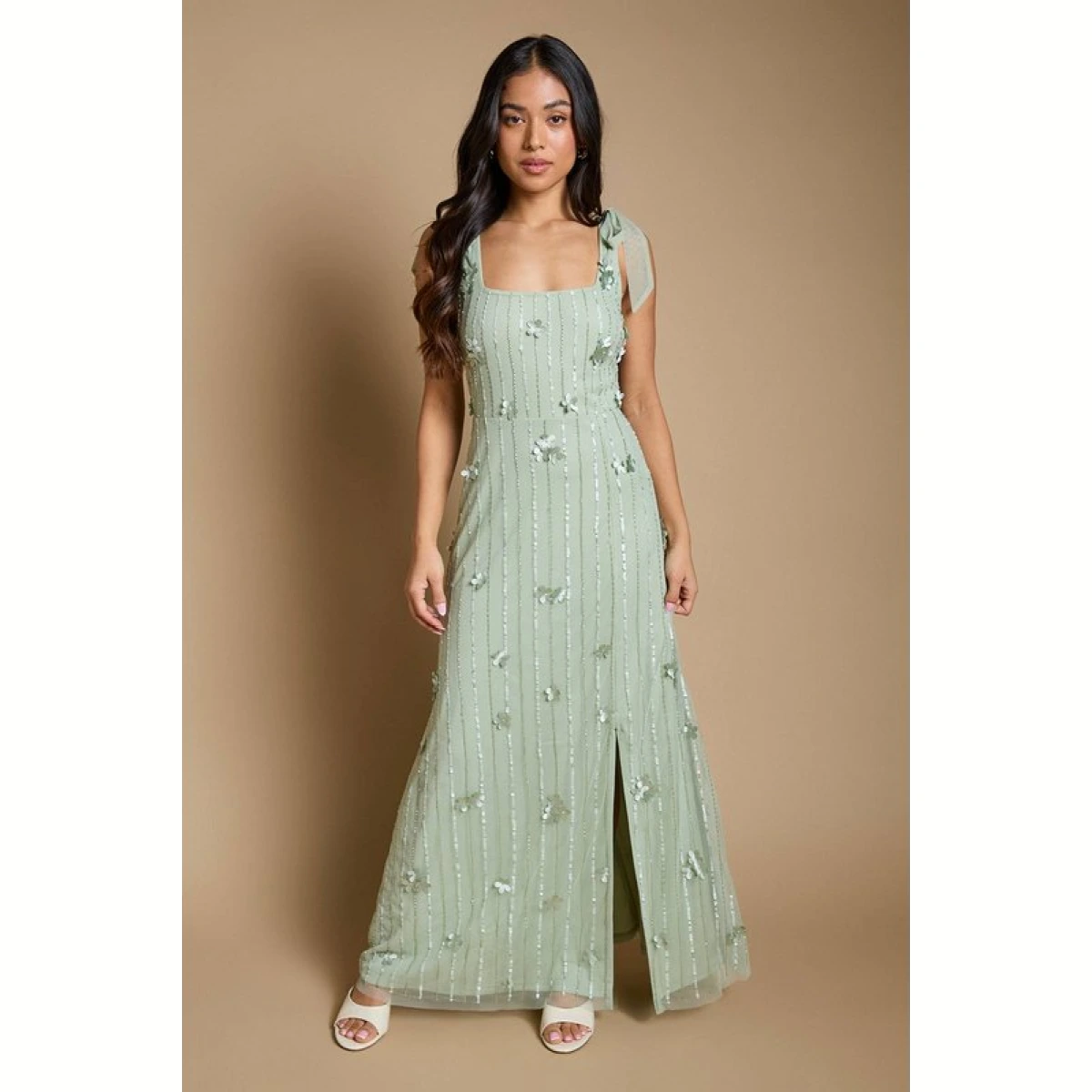 Oasis Women's Petite 3D Floral Linear Beadwork Tie Shoulder Dress in Sage