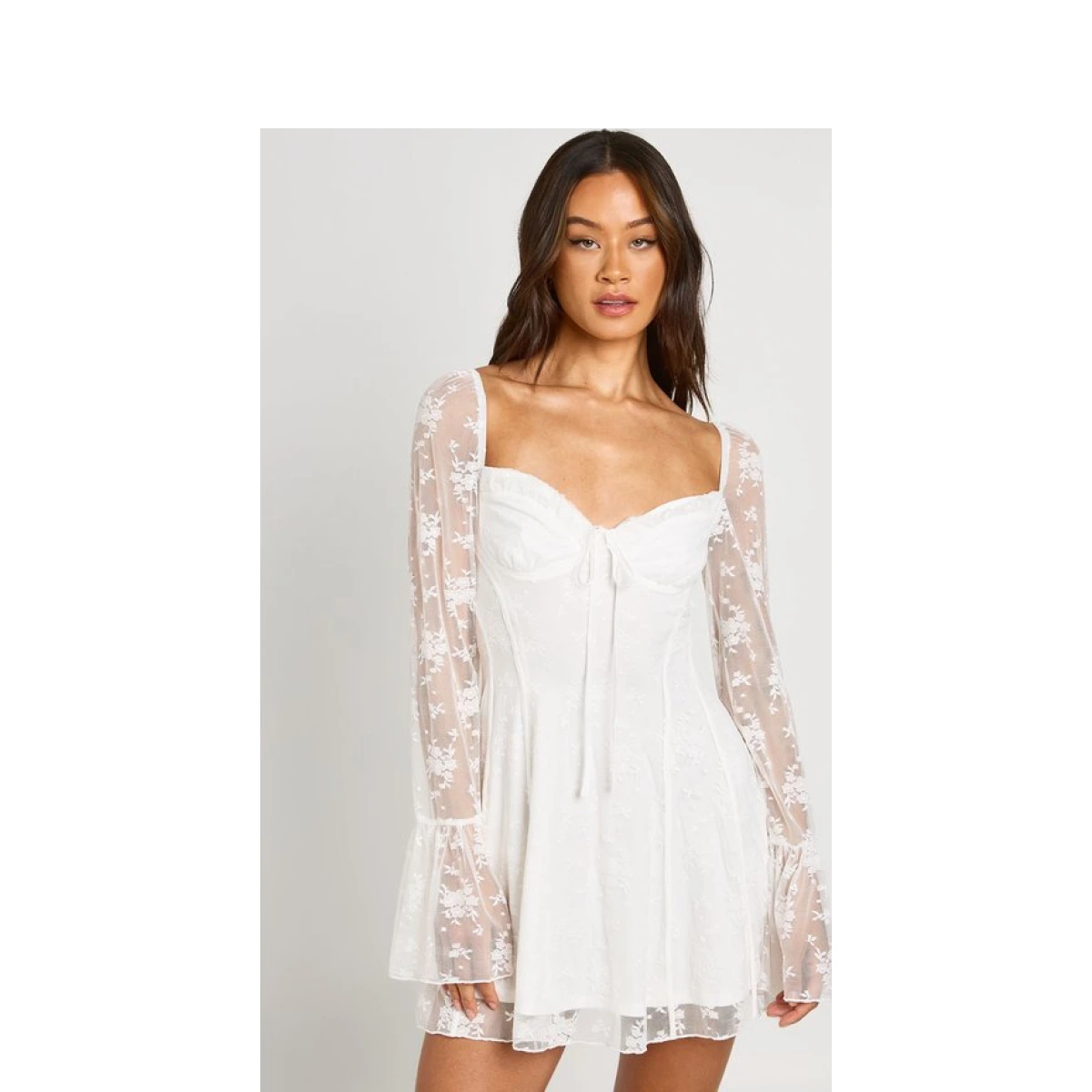 Boohoo Womens Tall Lace Baby Doll Flare Sleeve Mini Dress - White