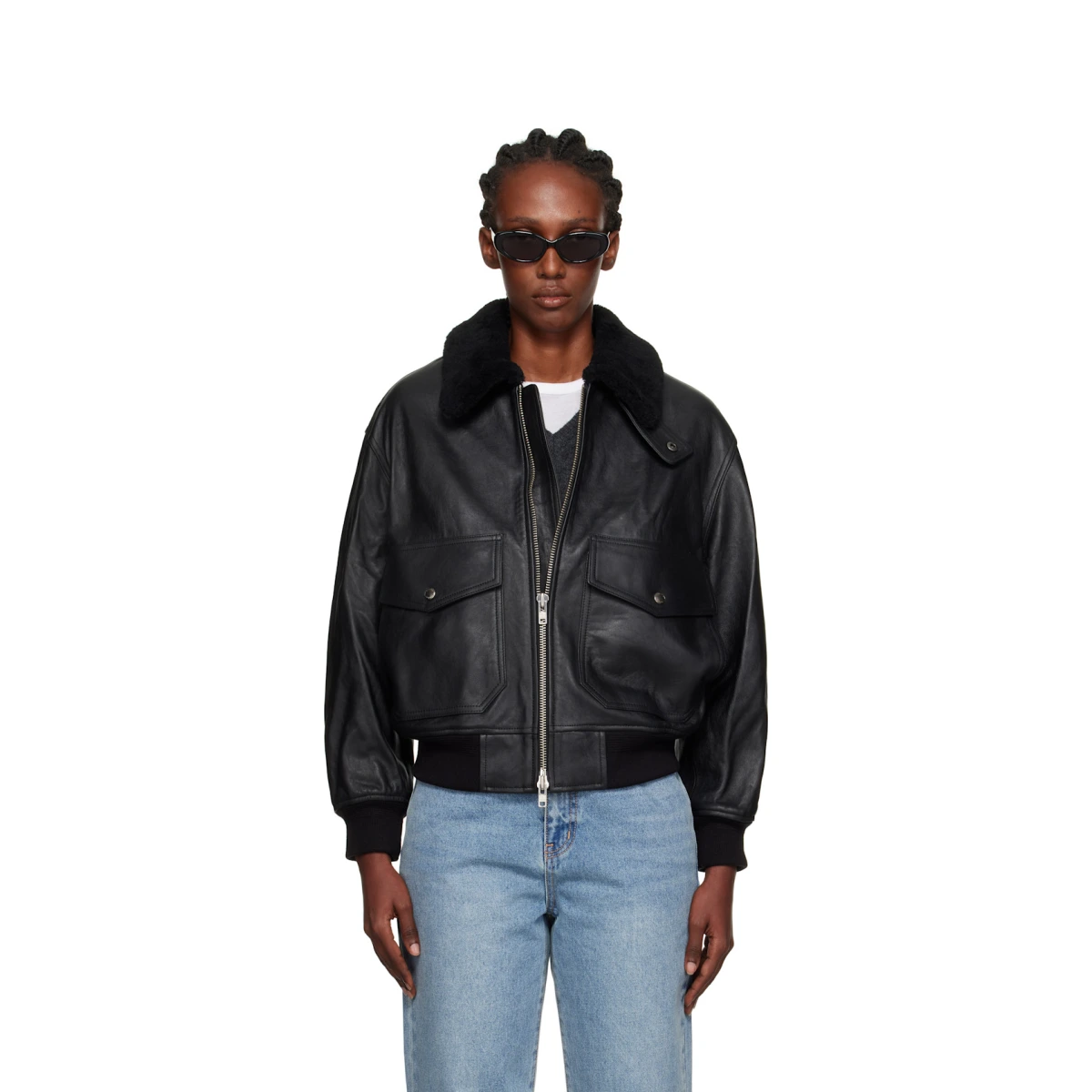 Black A-2 Shearling Collared Leather Jacket