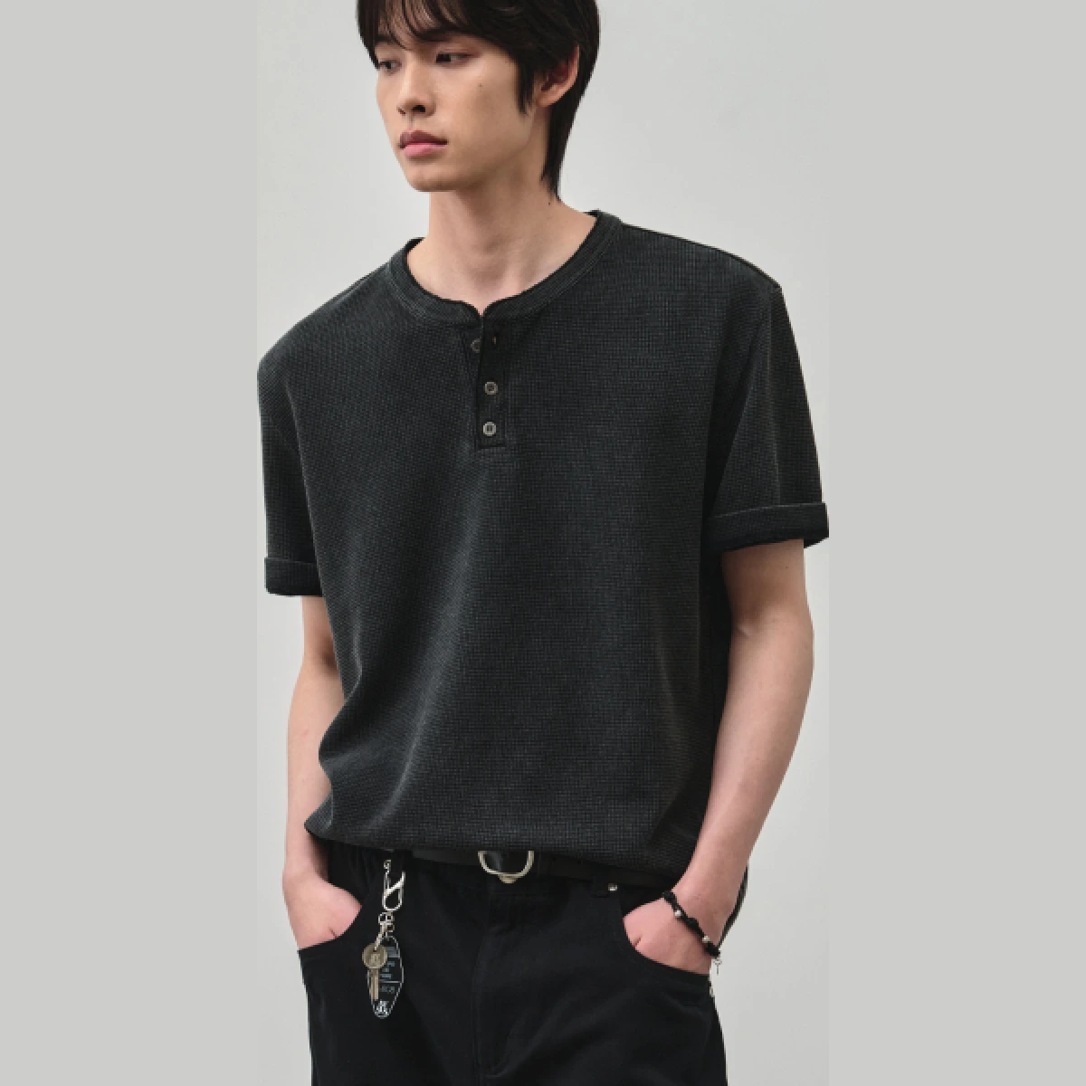 Low Washed Waffle Henley Neck Cropped Half T-Shirt