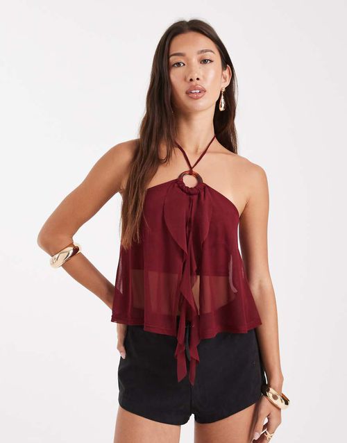 O ring ruffle split front top in burgundy-Red