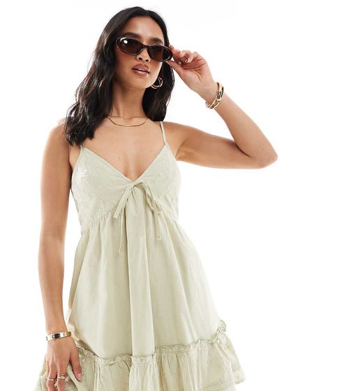 Broderie mix mini sun dress in sage green