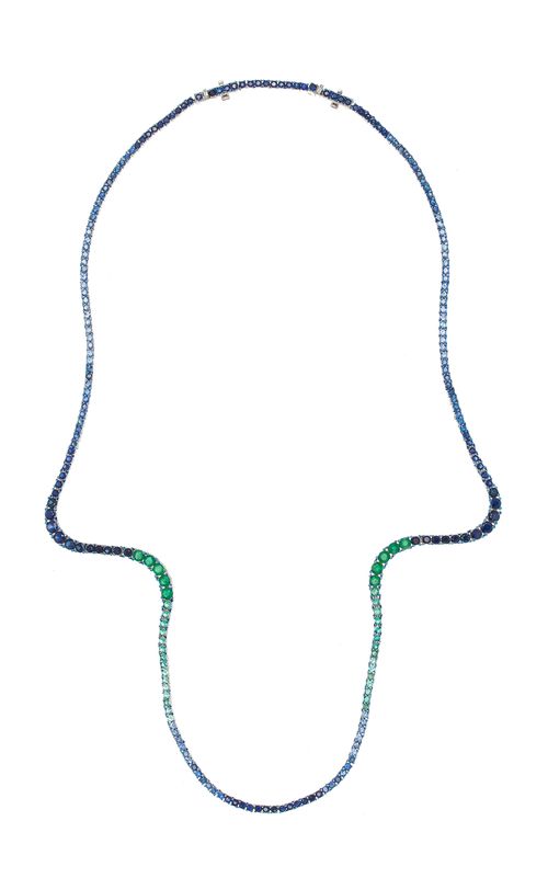 18K White Gold Emerald And Sapphire Necklace
