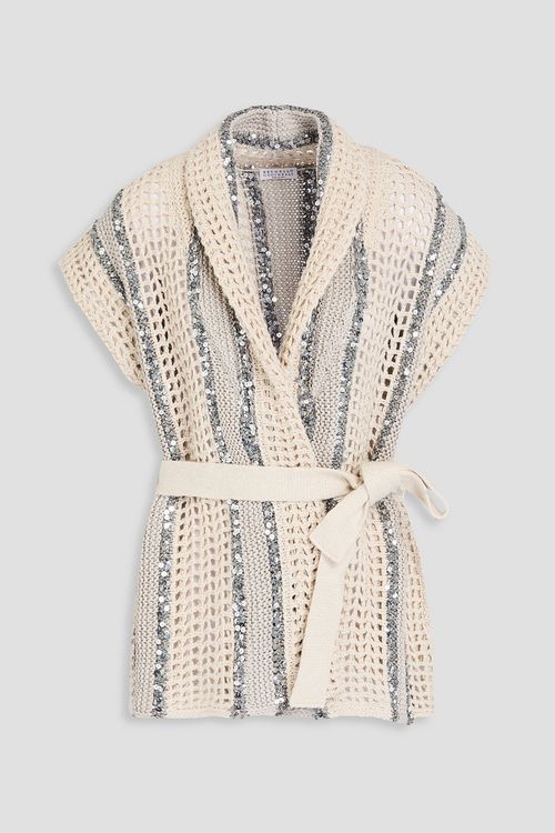 Sequin-embellished crocheted jute-blend cardigan