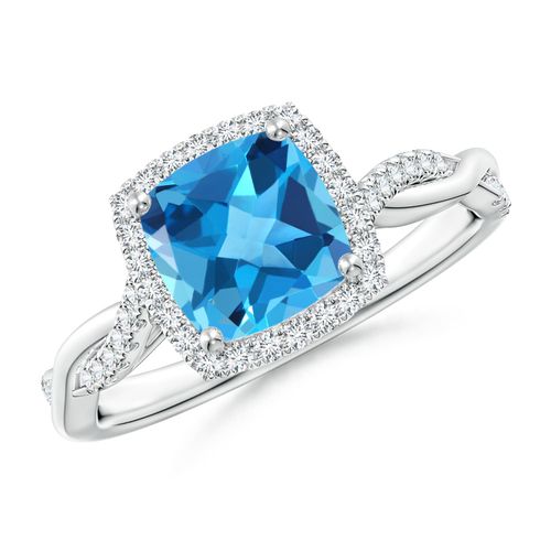Angara 1.85 Carats Twisted Shank Cushion Swiss Blue Topaz Halo Engagement Ring in Platinum