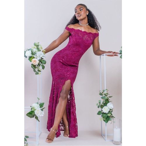 Goddiva Lace Scallop Edge Mermaid Maxi Dress - Burgundy