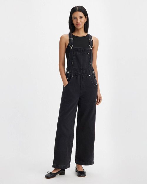 Apron Overall Women's XS Black Cotton Denim Loose Fit Straight Leg JDM203