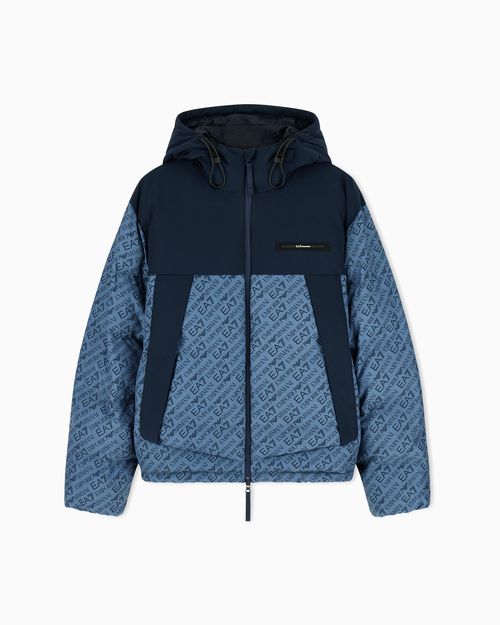 Oversized hooded bomber jacket with repeated logo