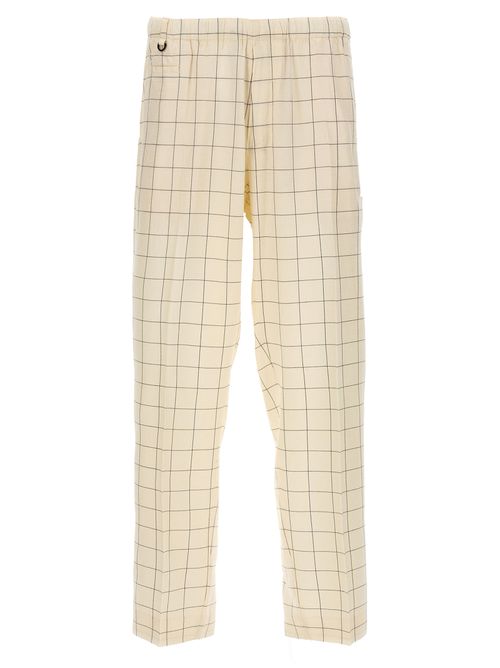 Checkered Rayon-Blend Trousers — Beige
