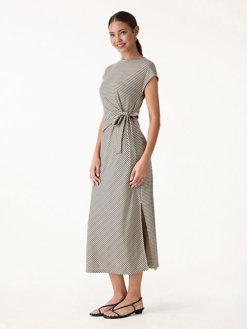 Striped Relaxed Midi Dress with Self-Tie - Khaki/Black Stripe