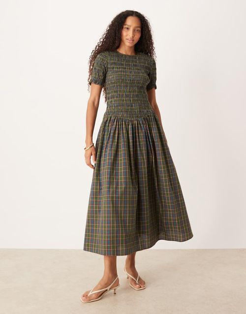 Shirred midi dress in green check