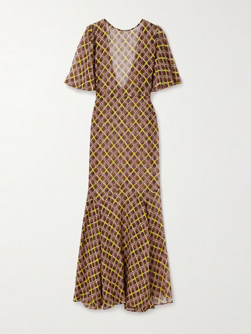 Cattail Printed Silk-blend Chiffon Gown - Brown