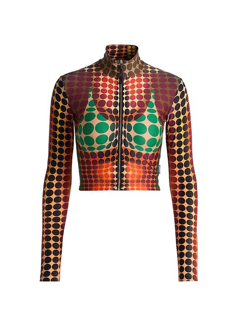 Women's Dot-Print Long-Sleeve Crop Top - Orange Blue Brown