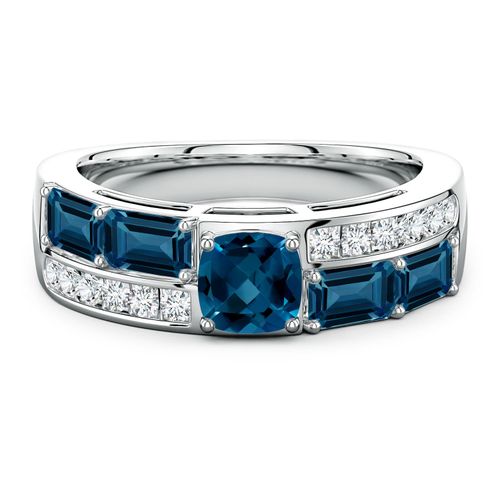 Lee Harris x Angara 2.35 CTW Cushion London Blue Topaz Modern Art Deco Inspired Double Side Stone Shank Ring in Platinum