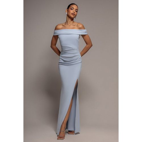 Goddiva Off The Shoulder Maxi Dress With Split - Light Blue