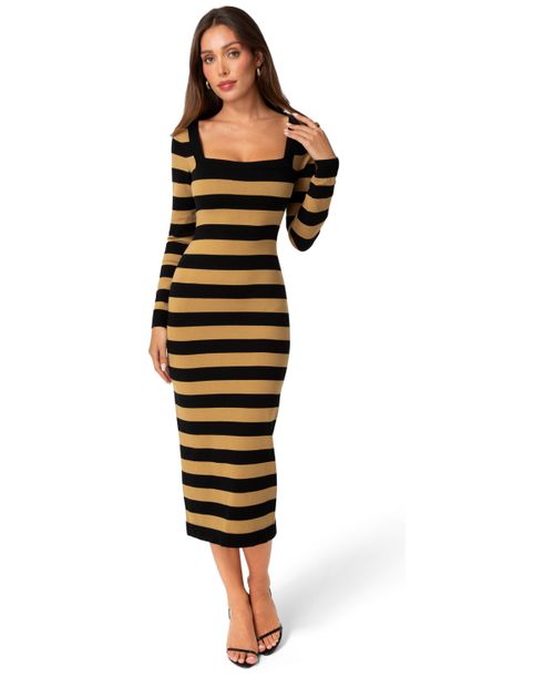 Women's Stripe Long-Sleeve Square Neck Sweater Dress - Black brown