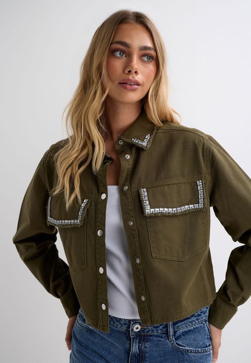 Womens Khaki Green Denim Embellished Shirt Jacket