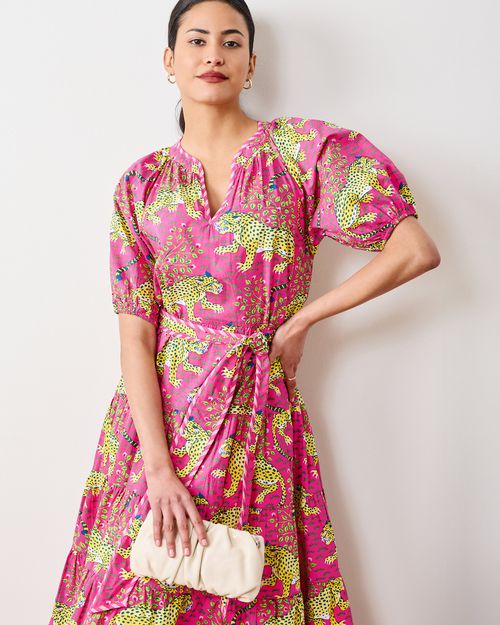 Organic Cotton Belted Puffed Sleeve Midi Dress in Leopard Bagheera | Women's XS | Pink