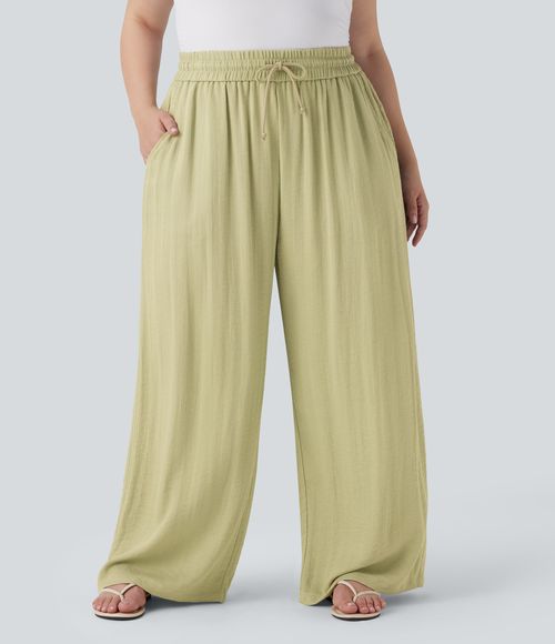 High Waisted Drawstring Linen-Feel Wide Leg Casual Plus Size Pants with Pockets  - Golden Mist