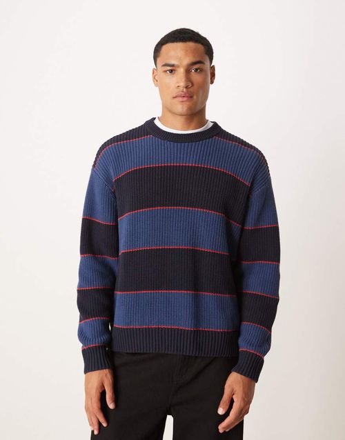 Knit crew neck fisherman sweater in blue stripes
